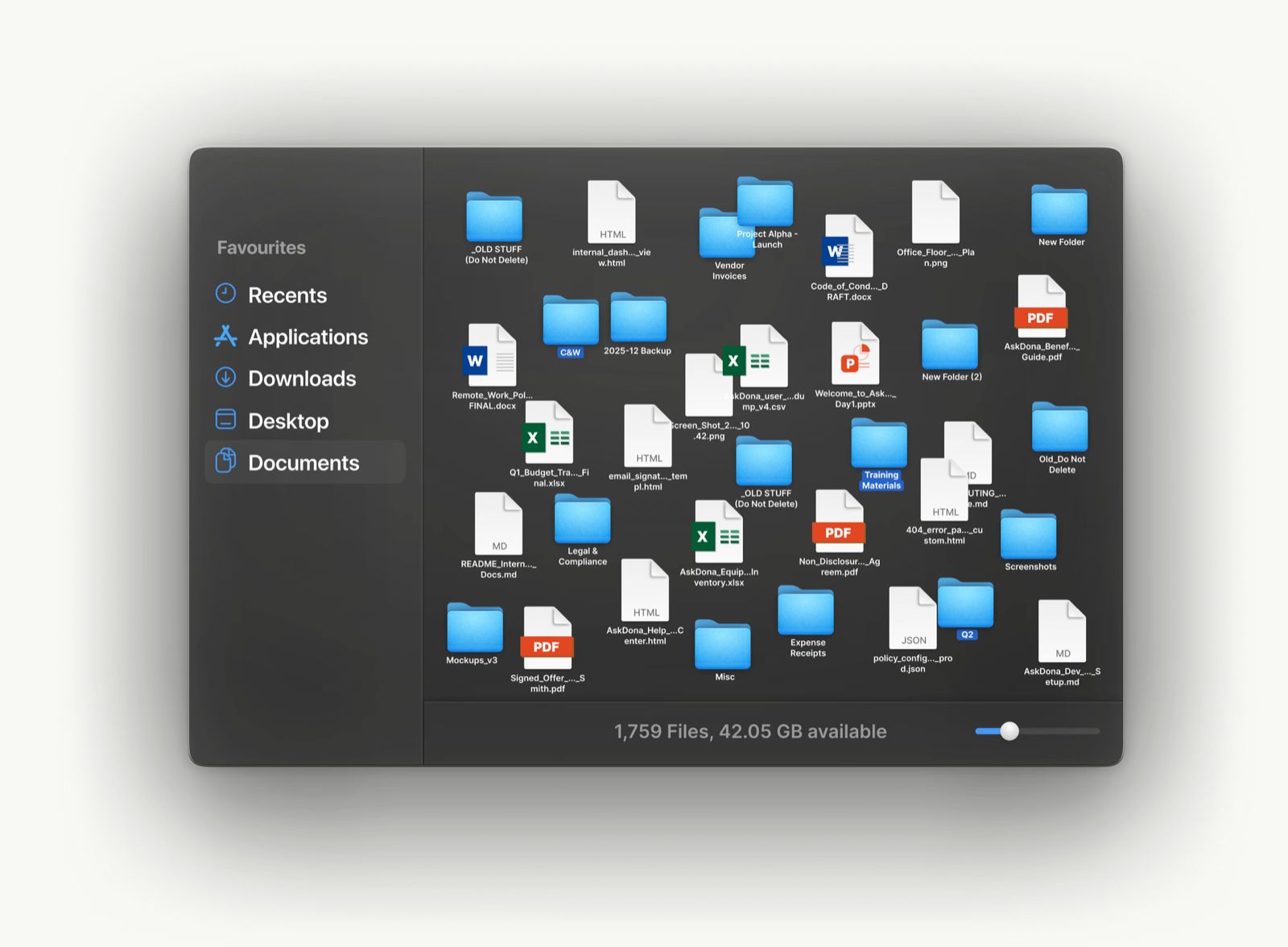 A file browser scattered with hundreds of unsorted documents