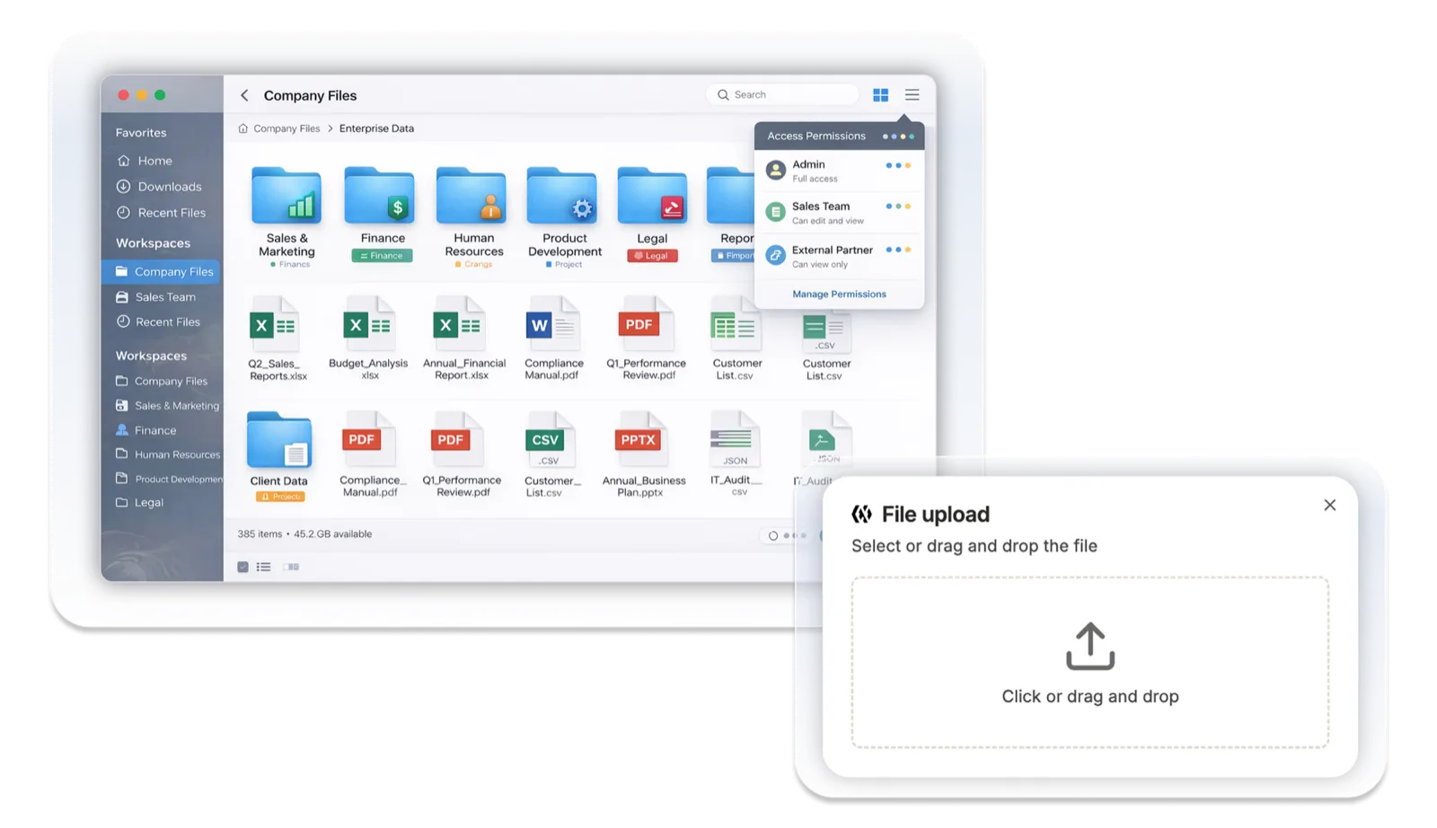 AskDona file manager — company files with access permissions and drag-and-drop upload